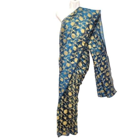 Blue and Gold Saree PRE-PLEATED with Sequin Mirror Accents- NEW ! - Picture 1 of 13